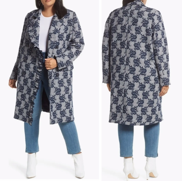 Halogen Blue Floral Plaid Print Ruffle Coat - Picture 1 of 11